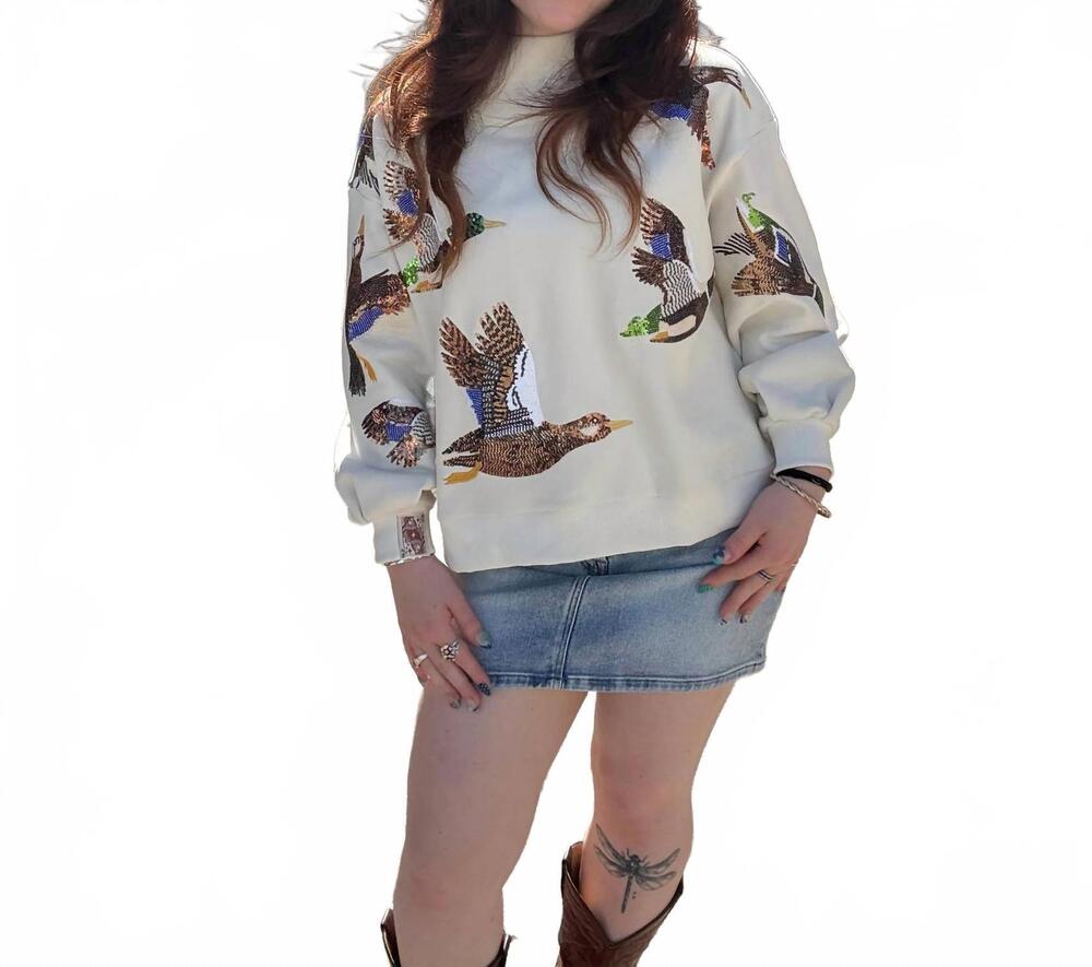 NEW QUEEN OF SPARKLES flying ducks mockneck sweatshirt in ivory